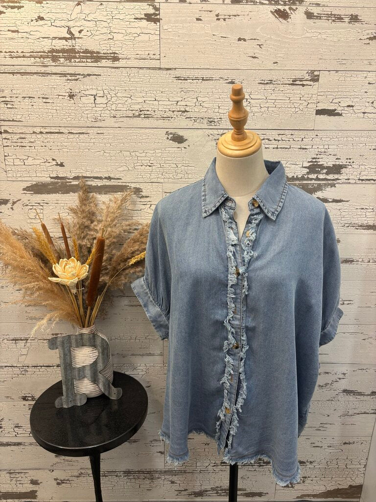 Sewn & Seen New Frayed Trim Chambray Button Up