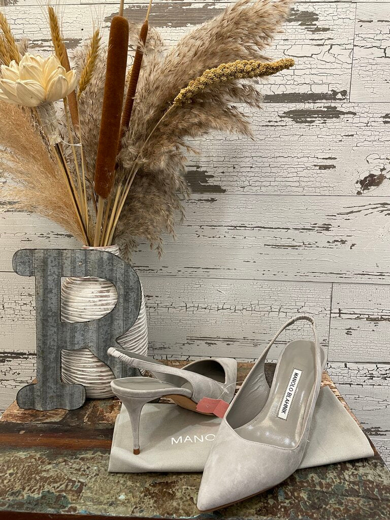 Manolo Blahnik Sling Back Gray Heels Size: 7.5