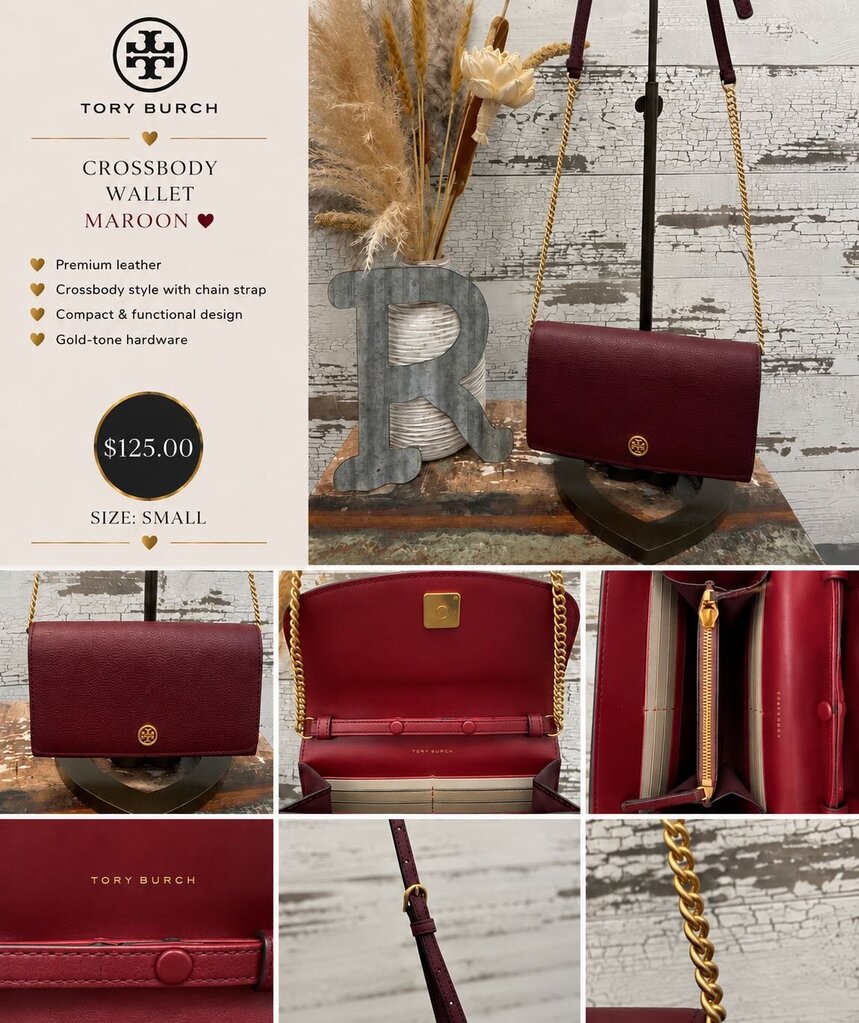 Tory Burch Crossbody Wallet Maroon Gold Hardware